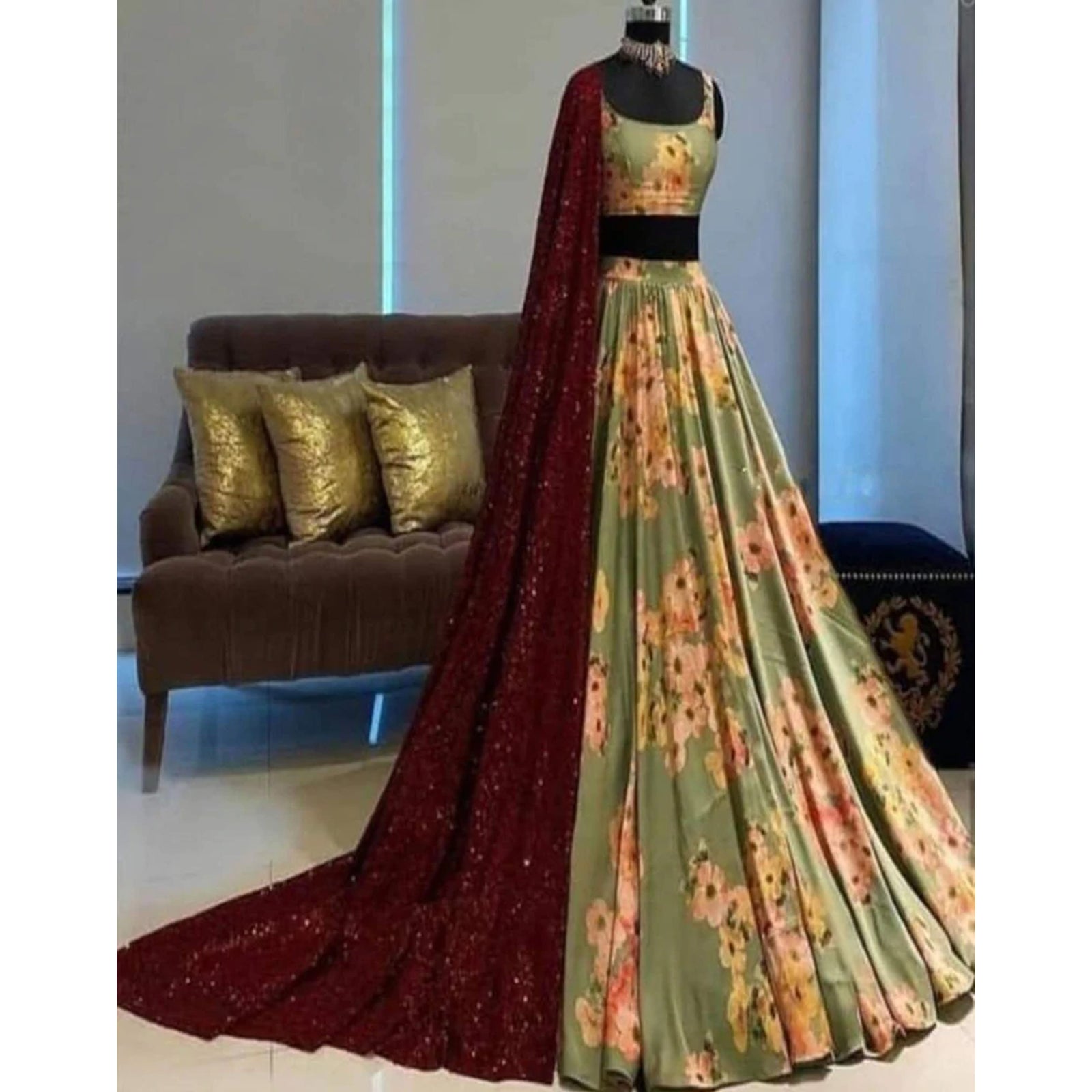 Green Colored Flower Printed Lehenga Choli for Wedding ClothsVilla