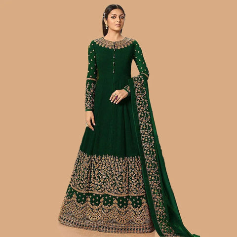 Green Designer Georgette Gown with Heavy Embroidery Work ClothsVilla Main image