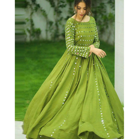 Green Georgette Party Wear Long Gown with Mirror Work ClothsVilla Main image