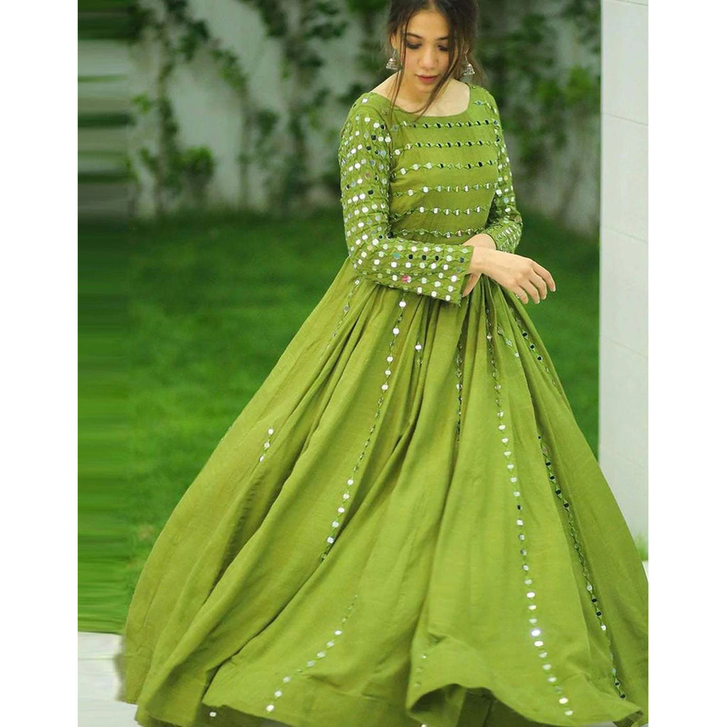 Green Georgette Party Wear Long Gown with Mirror Work ClothsVilla