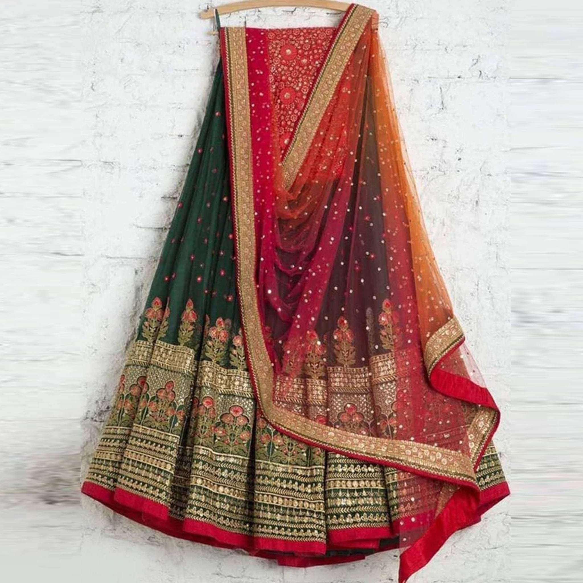 Green Lehenga Choli with Embroidery work And Red Dupatta ClothsVilla Main image