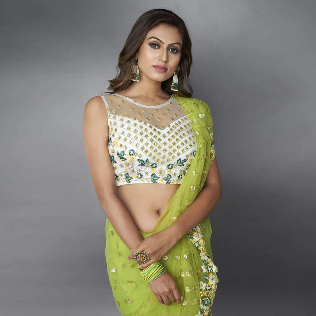 Green Ruffle Saree in Soft Net Fabrics with Embroidery Work ClothsVilla