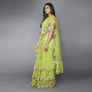 Green Ruffle Saree in Soft Net Fabrics with Embroidery Work ClothsVilla