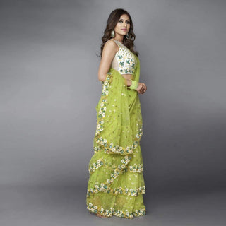 Green Ruffle Saree in Soft Net Fabrics with Embroidery Work ClothsVilla