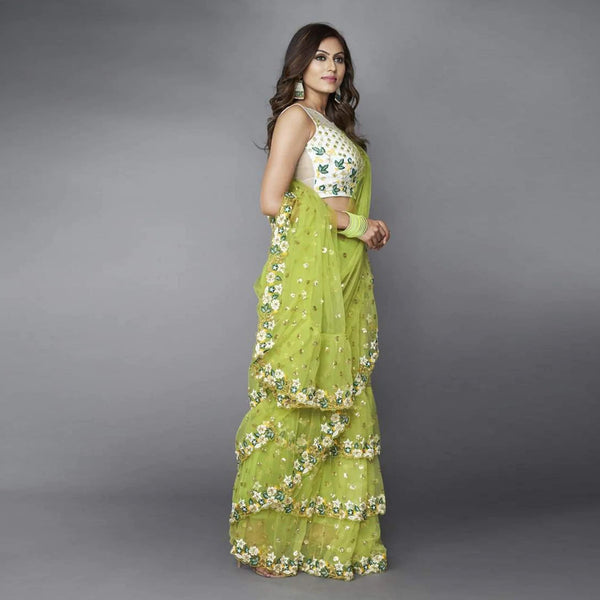 Green Ruffle Saree in Soft Net Fabrics with Embroidery Work ClothsVilla