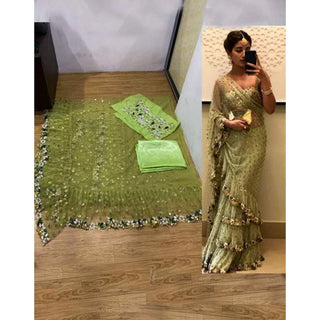 Green Ruffle Saree with Heavy Embroidery Work for Wedding ClothsVilla