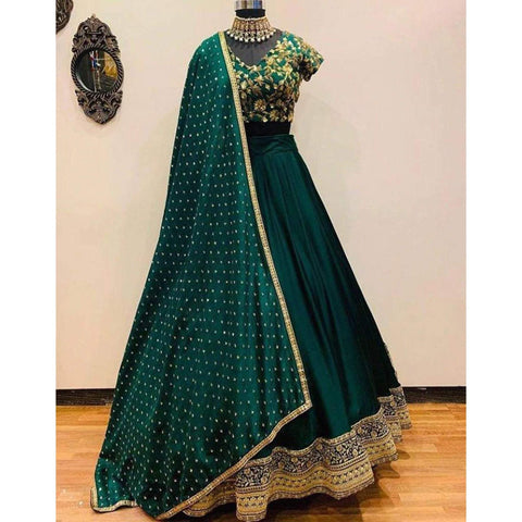 Green Silk Lehenga Choli with Zari Embroidery Work For Wedding ClothsVilla Main image