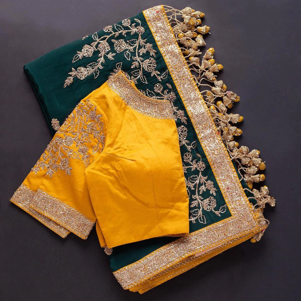 Green Silk saree and Yellow Blouse with Heavy Embroidery Work ClothsVilla