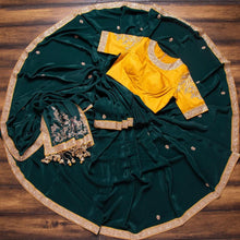 Load image into Gallery viewer, Green Silk saree and Yellow Blouse with Heavy Embroidery Work ClothsVilla