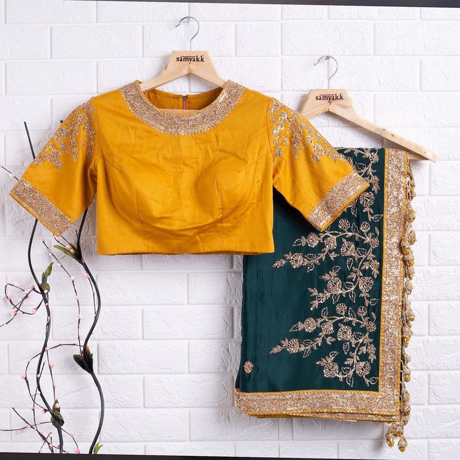 Green Silk saree and Yellow Blouse with Heavy Embroidery Work ClothsVilla