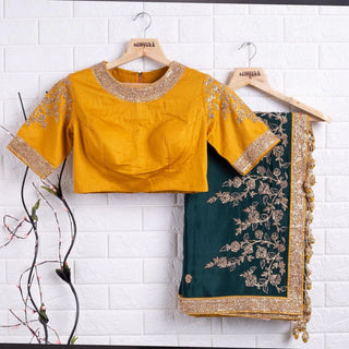 Green Silk saree and Yellow Blouse with Heavy Embroidery Work ClothsVilla