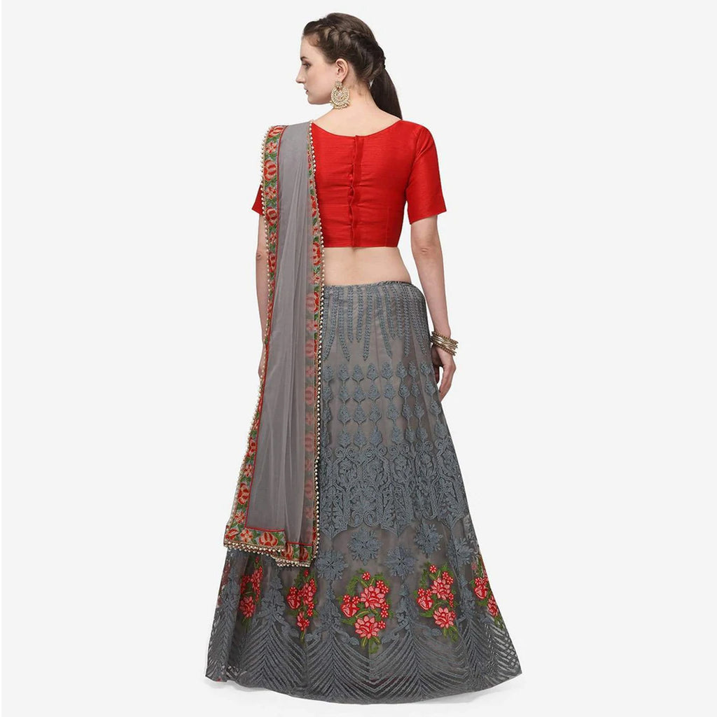 Grey And Red Lehenga Choli with Heavy Embroidery Work ClothsVilla