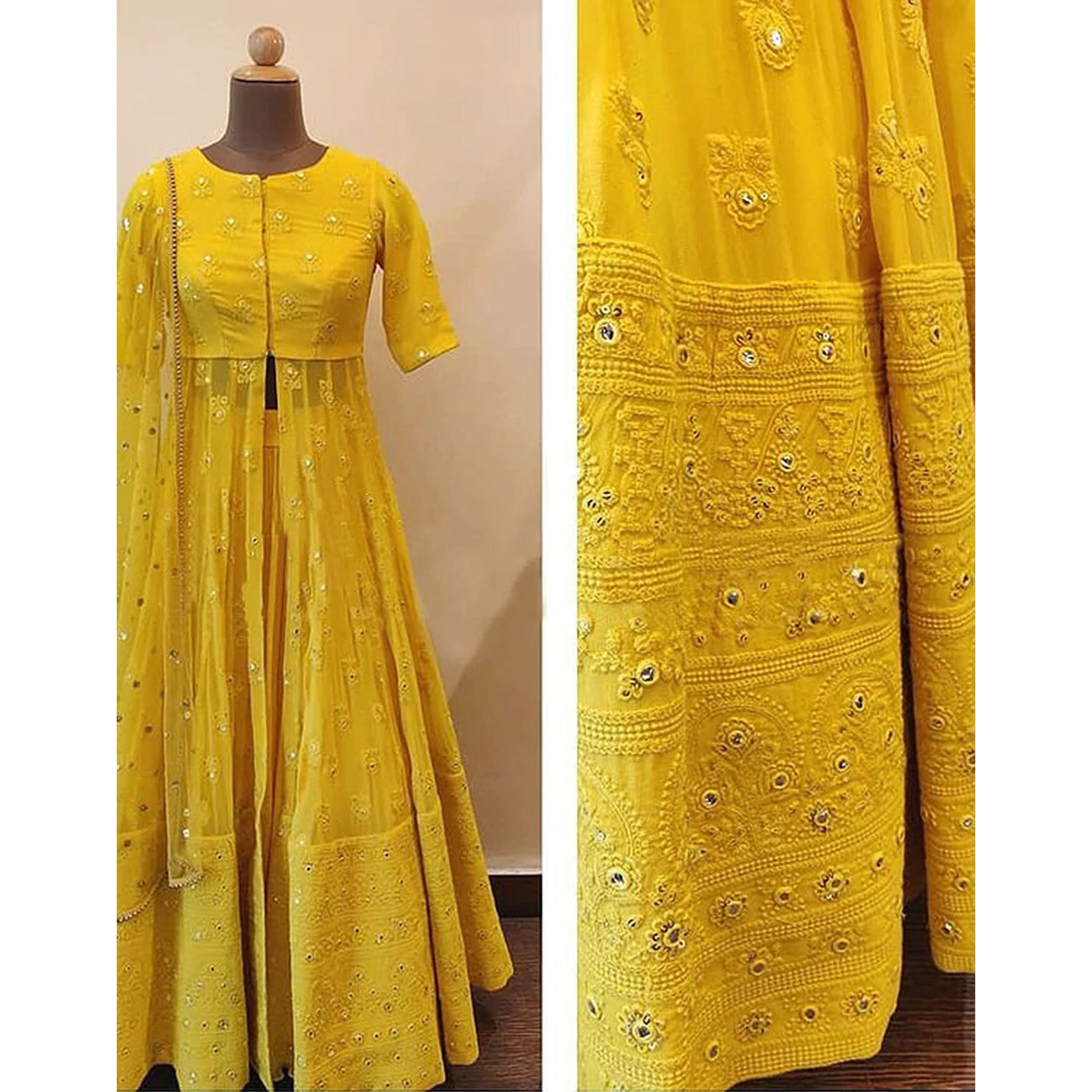 Lime Yellow Georgette Salwar Suit with Heavy Embroidery Work ClothsVilla
