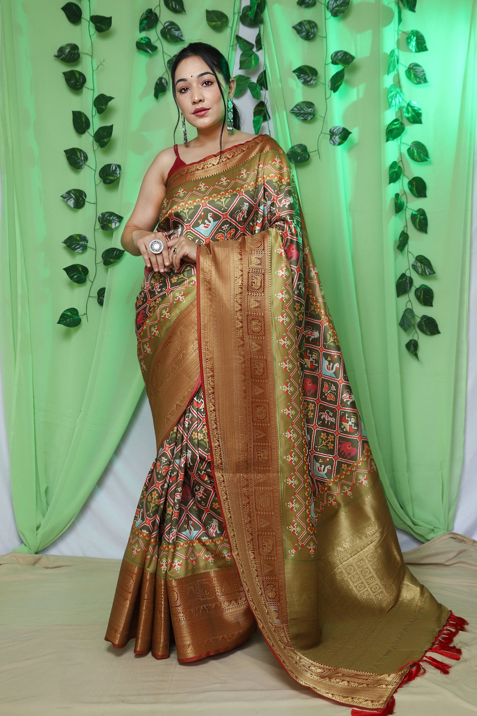 Gala Ikat Patola Printed Woven Saree Mehendi Gold Clothsvilla