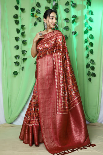 Gala Ikat Patola Printed Woven Saree Maroon Clothsvilla