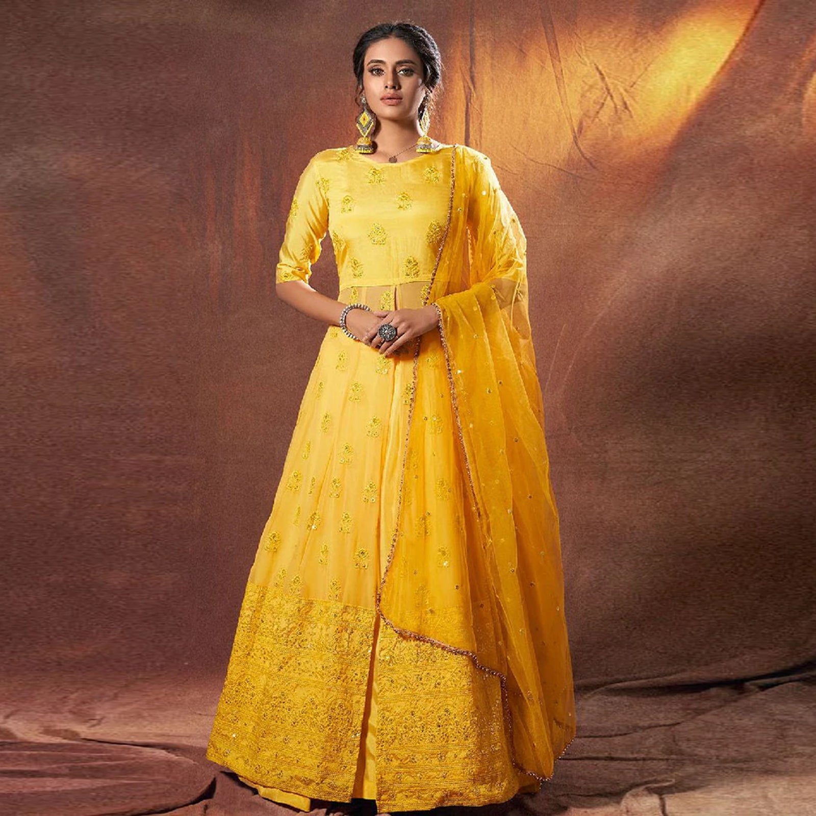Lime Yellow Georgette Salwar Suit with Heavy Embroidery Work ClothsVilla