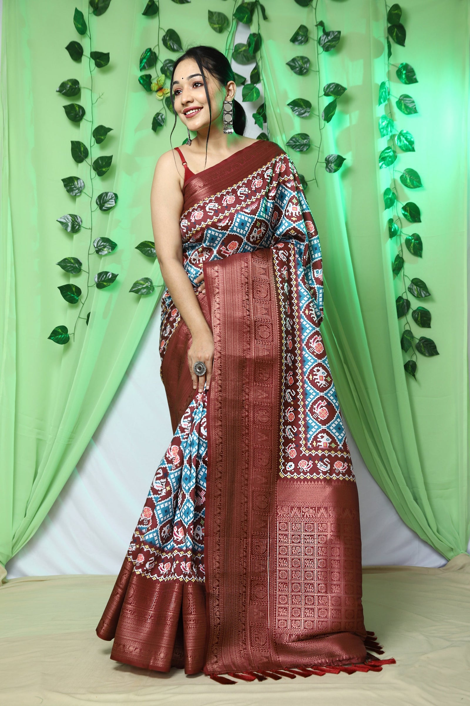 Gala Ikat Patola Printed Woven Saree Blue with Brown Clothsvilla