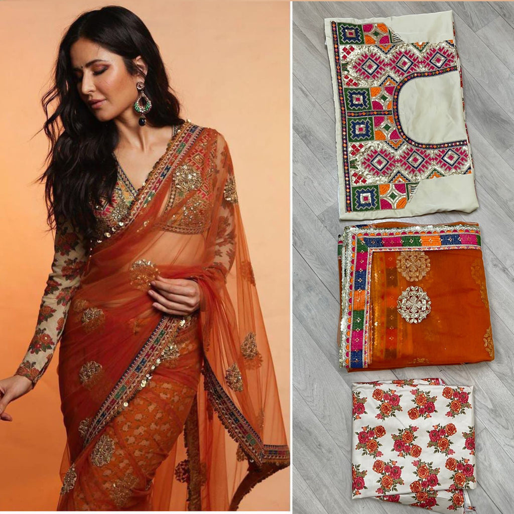 Orange Saree in Net with Sequence Work with Printed Petticoat ClothsVilla