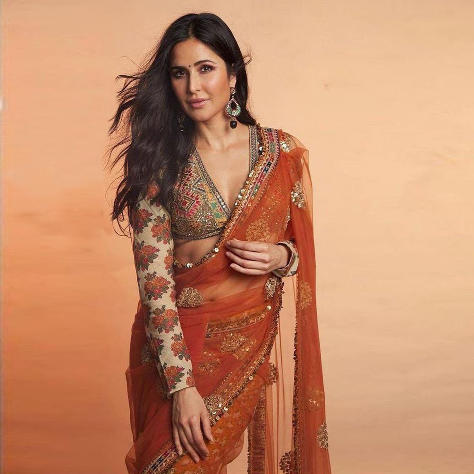 Orange Saree in Net with Sequence Work with Printed Petticoat ClothsVilla