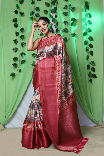 Gala Ikat Patola Printed Woven Saree White Ivory Clothsvilla