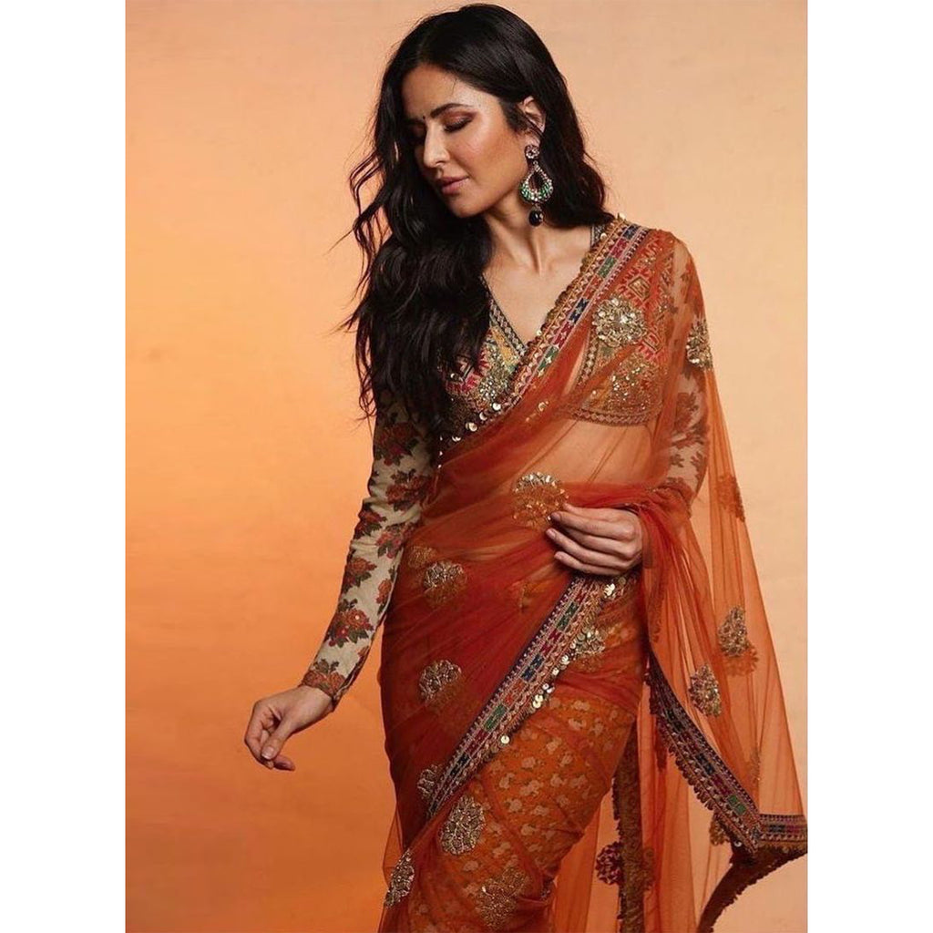 Orange Saree in Net with Sequence Work with Printed Petticoat ClothsVilla