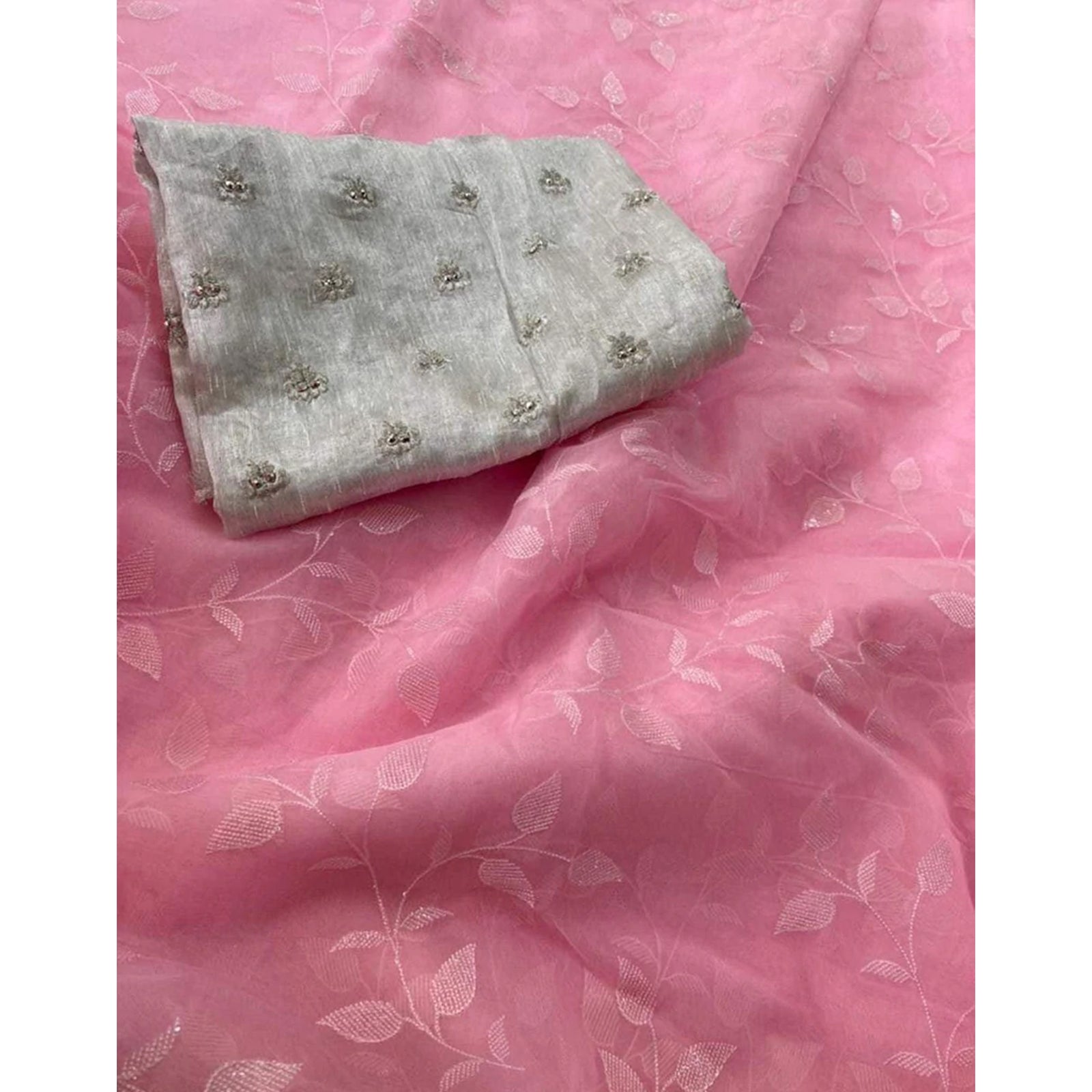 Malai Organza Silk Saree with Beautiful Flower Sequence Work and Blouse with Butterfly Embroidery for Wedding ClothsVilla