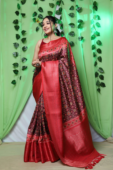 Gala Ikat Patola Printed Woven Saree Wine Magenta Clothsvilla Main image