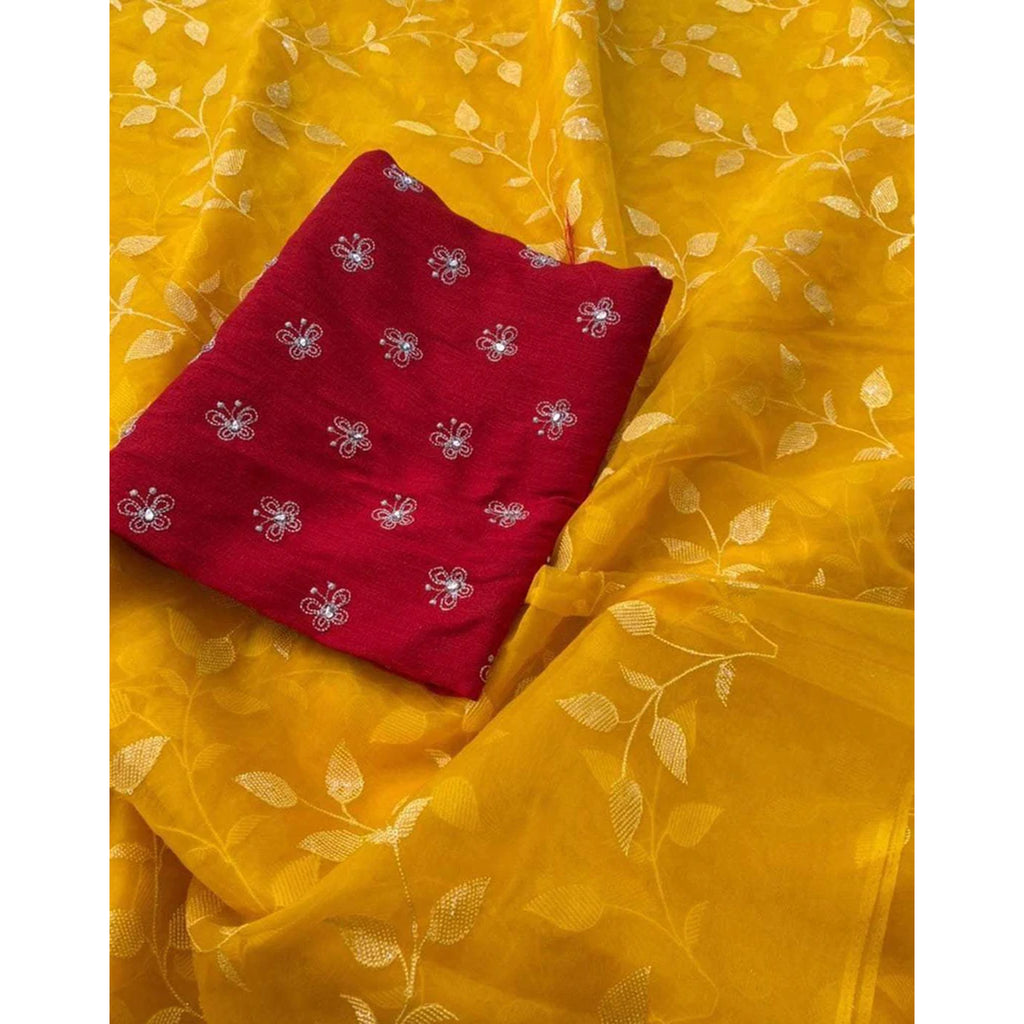 Malai Organza Silk Saree with Beautiful Flower Sequence Work and Blouse with Butterfly Embroidery for Wedding ClothsVilla