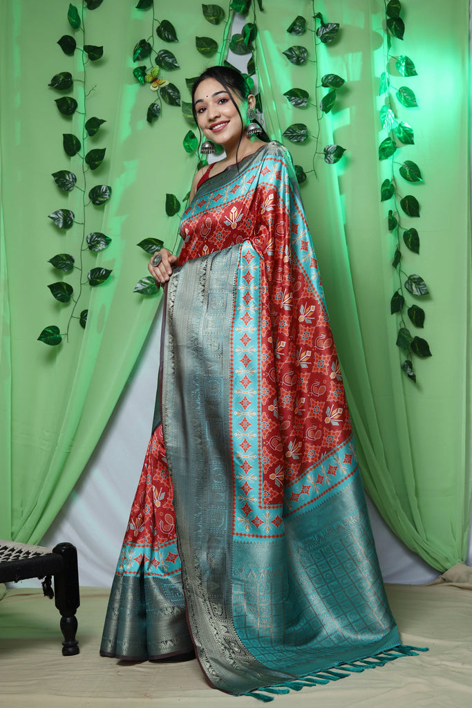 Cyan And Off White Patola Printed Wedding Silk Saree – RawaazFashion