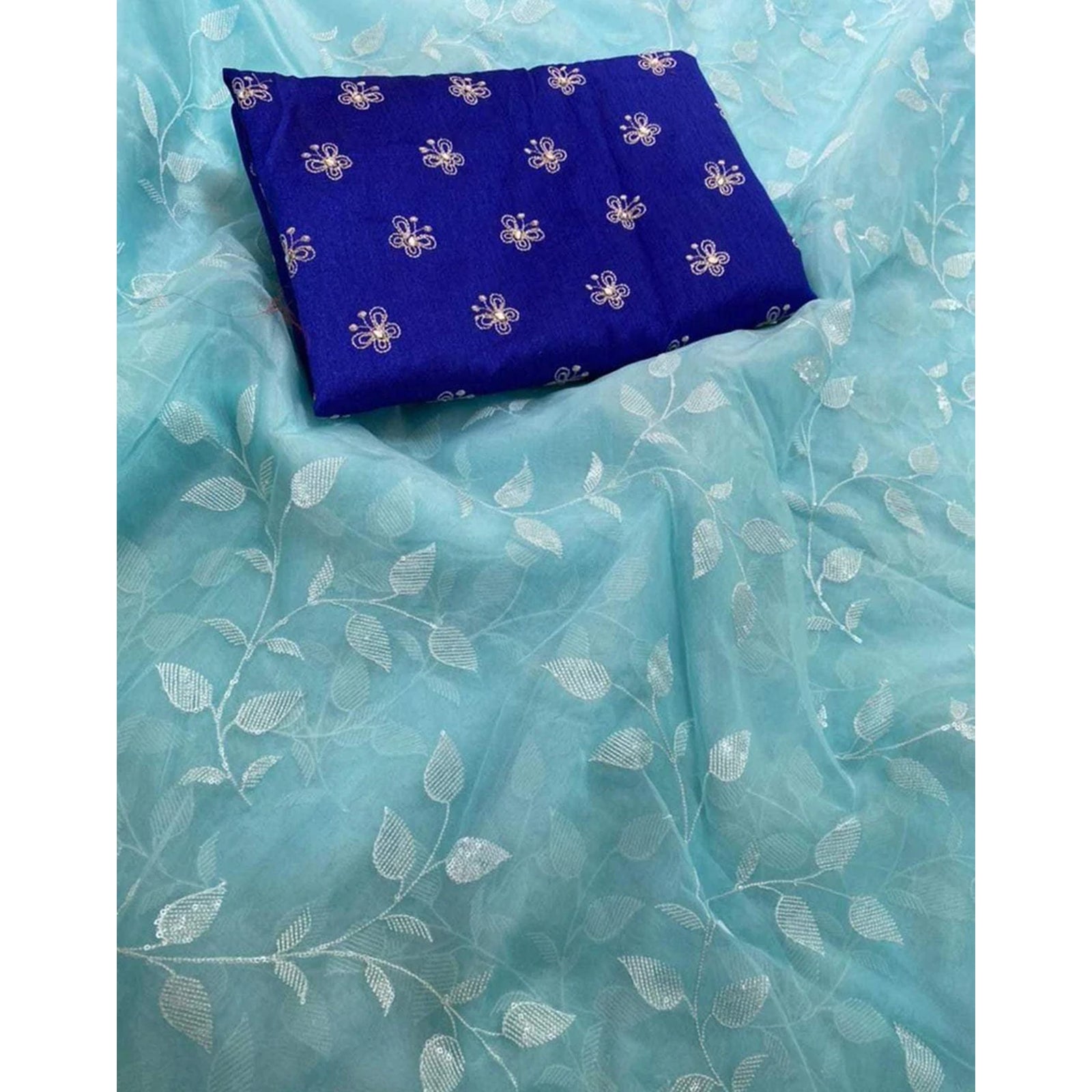 Malai Organza Silk Saree with Beautiful Flower Sequence Work and Blouse with Butterfly Embroidery for Wedding ClothsVilla