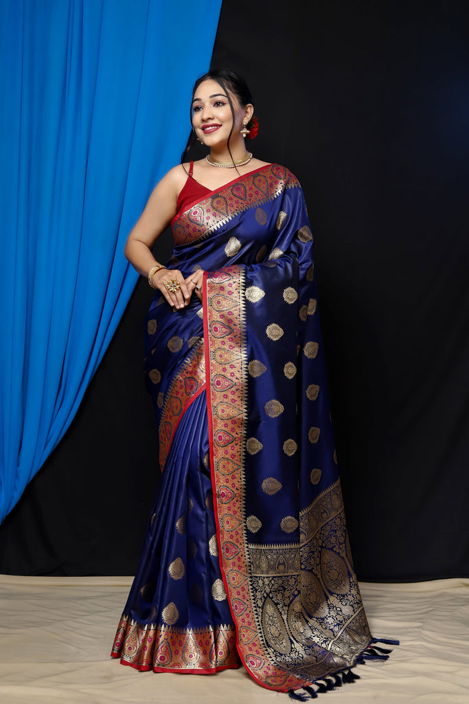 Sunheri Dola Silk Contrast Woven Saree Navy Blue Clothsvilla