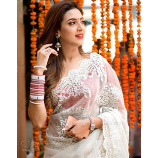 Malai Organza Silk Saree with Beautiful Lucknowi Embroidery Work and Silk Blouse for Wedding ClothsVilla