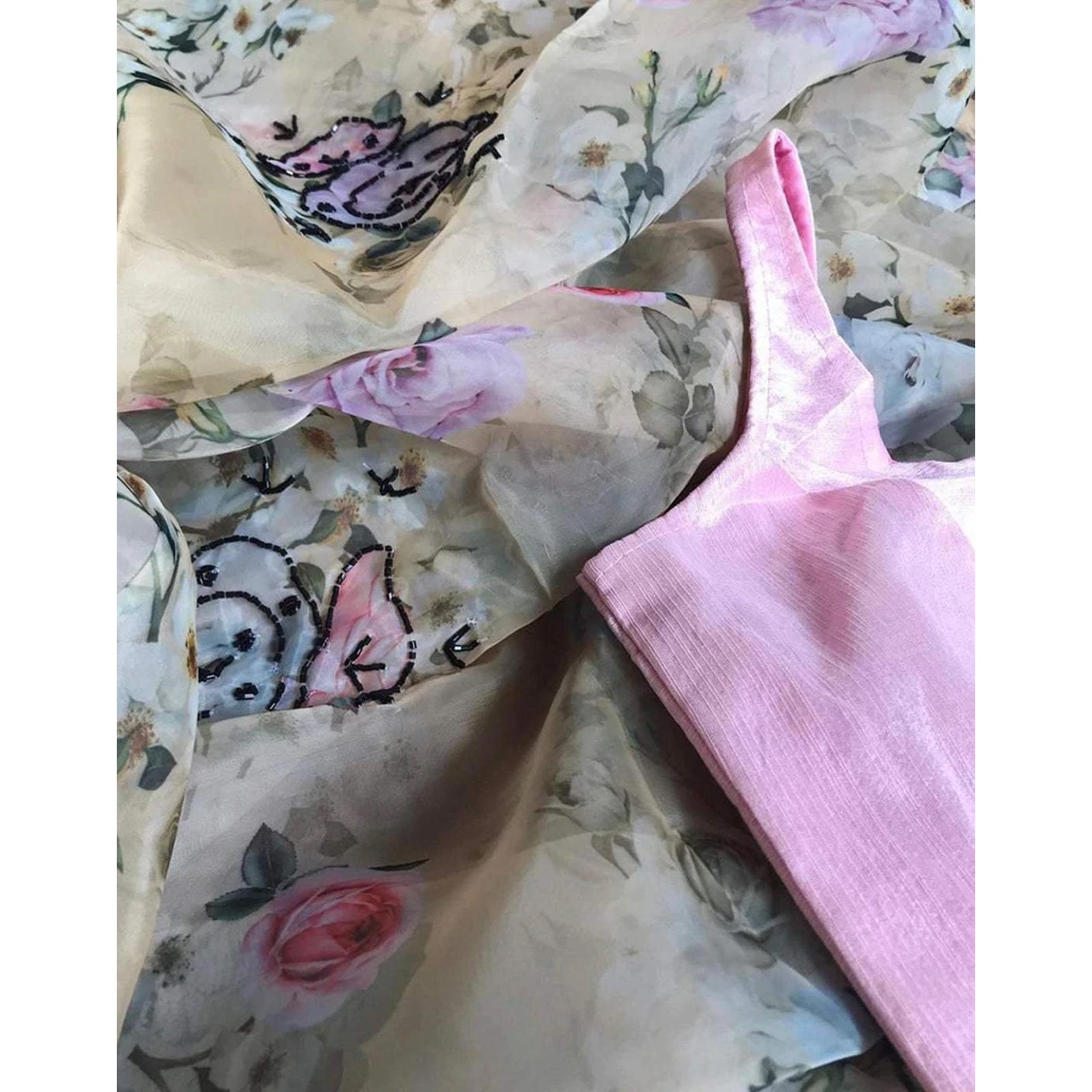 Malai Silk Saree with Digital Floral Print and Handwork ClothsVilla
