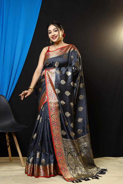 Sunheri Dola Silk Contrast Woven Saree Dark Grey Clothsvilla Main image