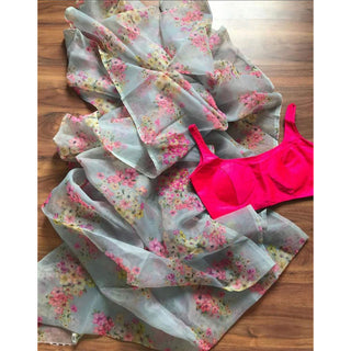 Malai Silk Saree with Digital Floral Print and Handwork ClothsVilla