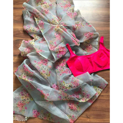 Malai Silk Saree with Digital Floral Print and Handwork ClothsVilla