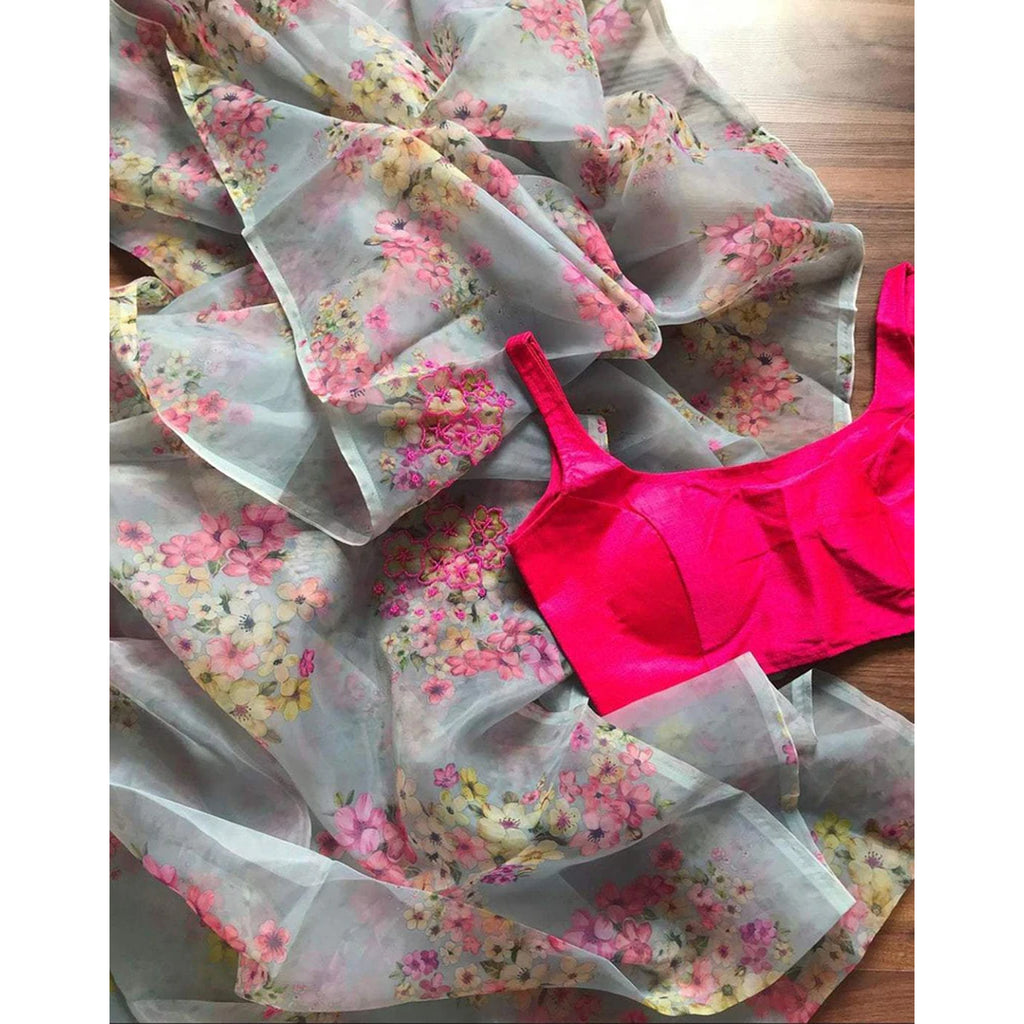 Malai Silk Saree with Digital Floral Print and Handwork ClothsVilla