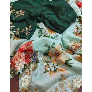 Malai Silk Saree with Hand Paint and Handi Crafted Khatli and Pearl Work with Handwork Sleeves Blouse ClothsVilla