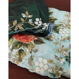Malai Silk Saree with Hand Paint and Handi Crafted Khatli and Pearl Work with Handwork Sleeves Blouse ClothsVilla
