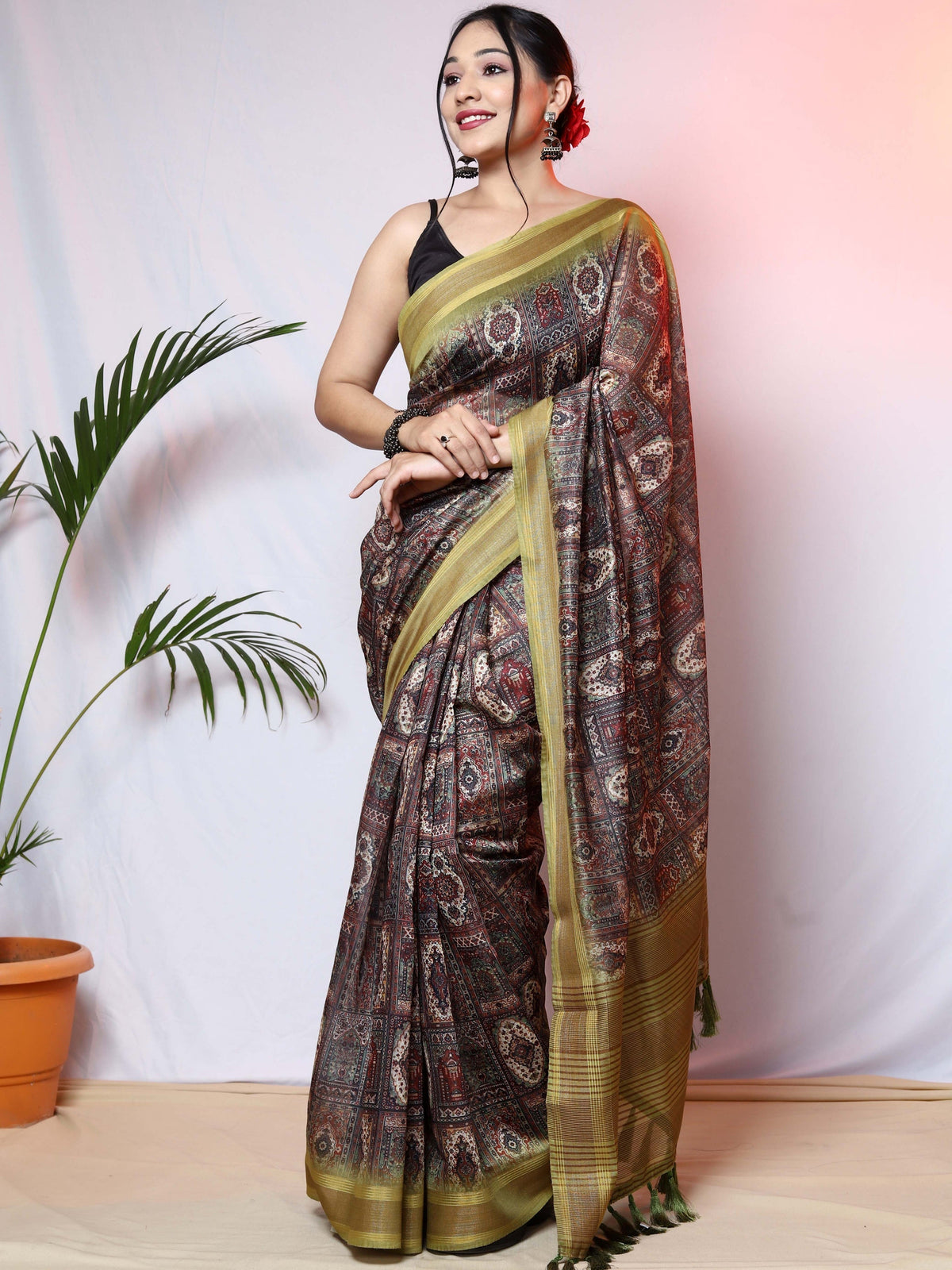 Pashmina Ajrakh Printed Saree with Copper Zari Woven Border Green Clothsvilla Main image
