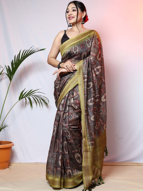 Pashmina Ajrakh Printed Saree with Copper Zari Woven Border Green Clothsvilla Main image