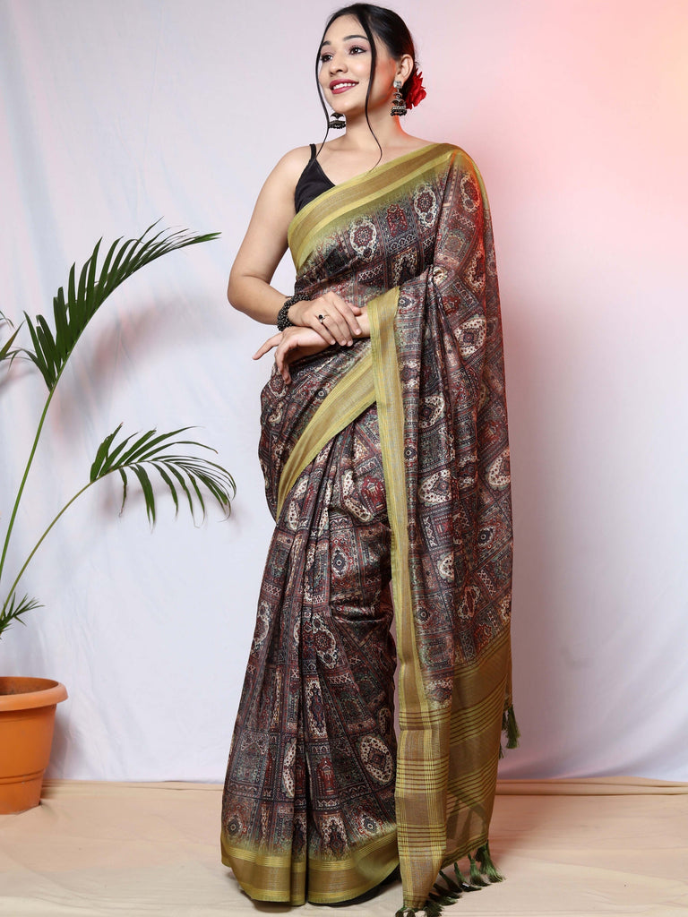 Pashmina Ajrakh Printed Saree with Copper Zari Woven Border Green Clothsvilla