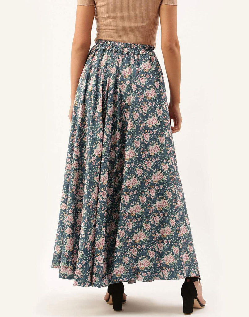 Grey Color Rayon Cotton Skirt with Digital Flowers Print ClothsVilla