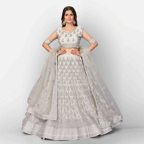 Pale Silver Lehenga Choli in Soft Net with Thread Sequence and Zari Work ClothsVilla Main image