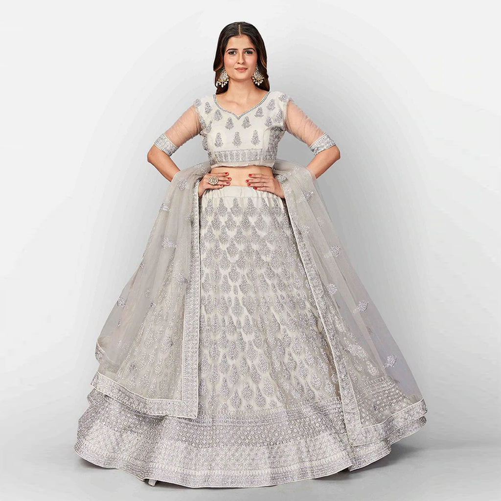 Pale Silver Lehenga Choli in Soft Net with Thread Sequence and Zari Work ClothsVilla