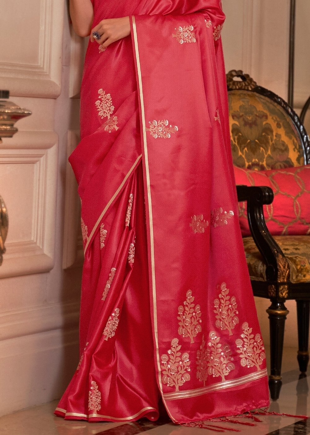 Radical Red Designer Satin Silk Saree Clothsvilla