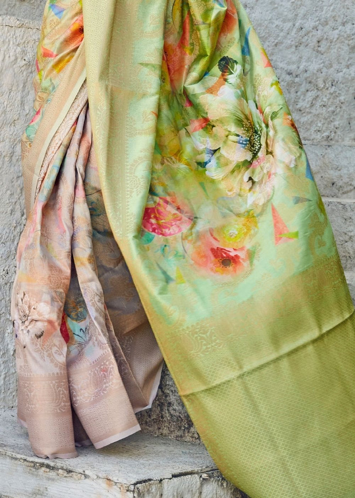 Lime Green Digital Printed Satin Silk Saree Clothsvilla