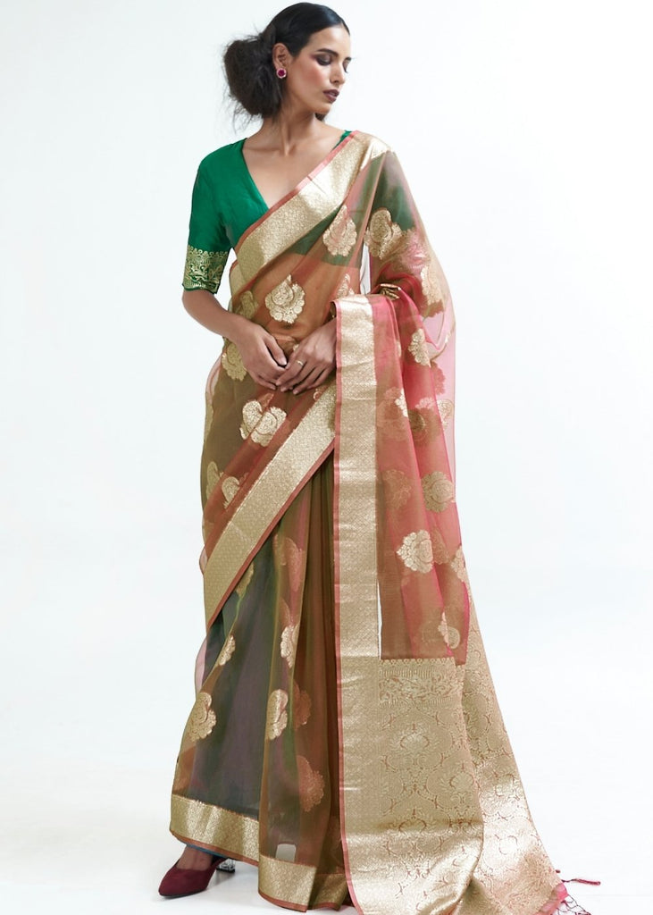 Light Brown Designer Woven Organza Silk Saree Clothsvilla