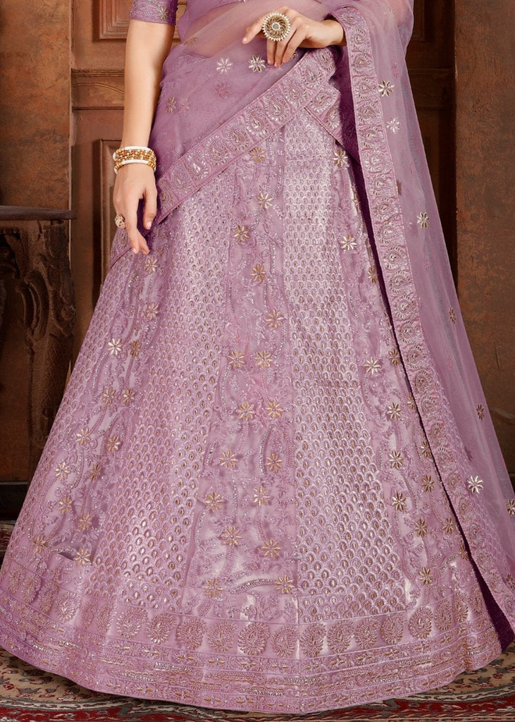 Lavender Purple Soft Net Lehenga Choli with Thread,Zari, Zarkan & Pearl work Clothsvilla