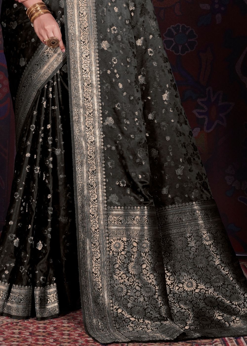Pitch Black Zari Woven Satin Silk Saree Clothsvilla
